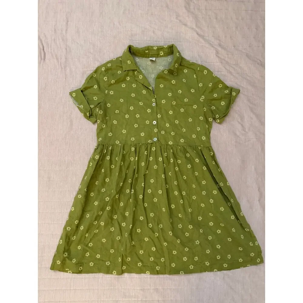 Twik Green Floral Linen Blend Button Front Dress Small - Picture 2 of 11